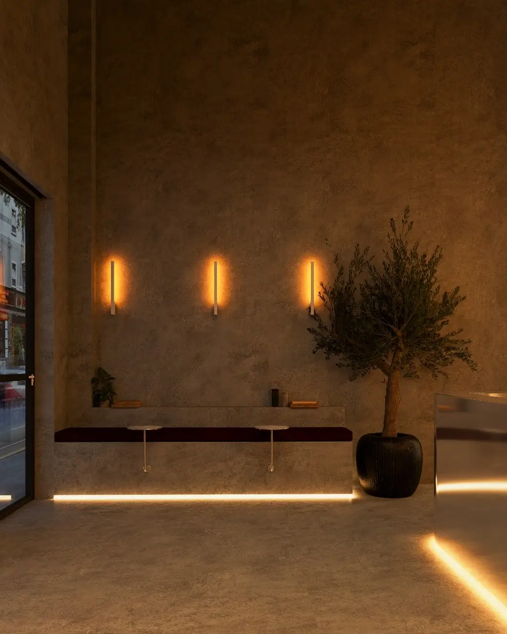 Modern minimalist interior with warm wall lights, floating bench, potted plant, and concrete textures