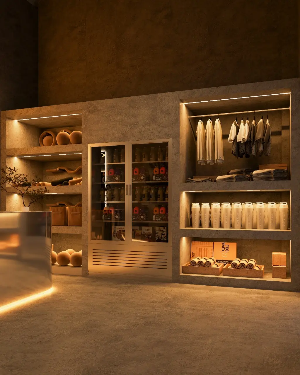 Retail section of a modern fitness studio with gym apparel, wellness drinks, towels, and accessories